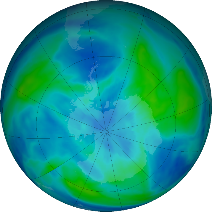 Antarctic ozone map for 01 April 2021